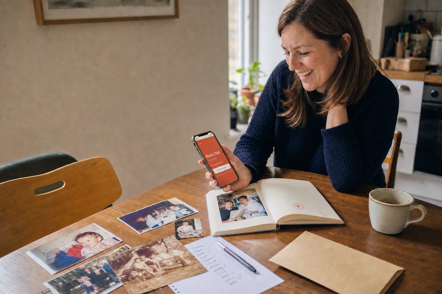 Someone at a kitchen table collecting birthday messages for Mam's 70th: the Chorus link open on a phone, old family photographs, a list of names ticked off, and the finished book open beside them