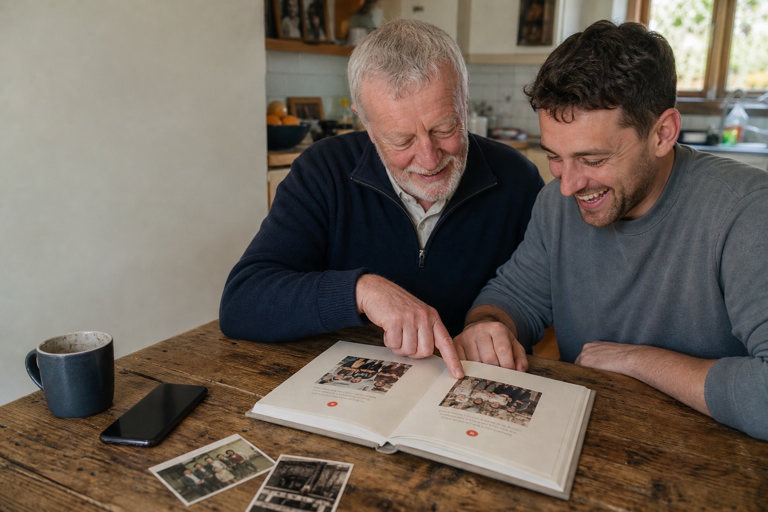 A father and his son at the kitchen table, going through the pages of their Chorus book together