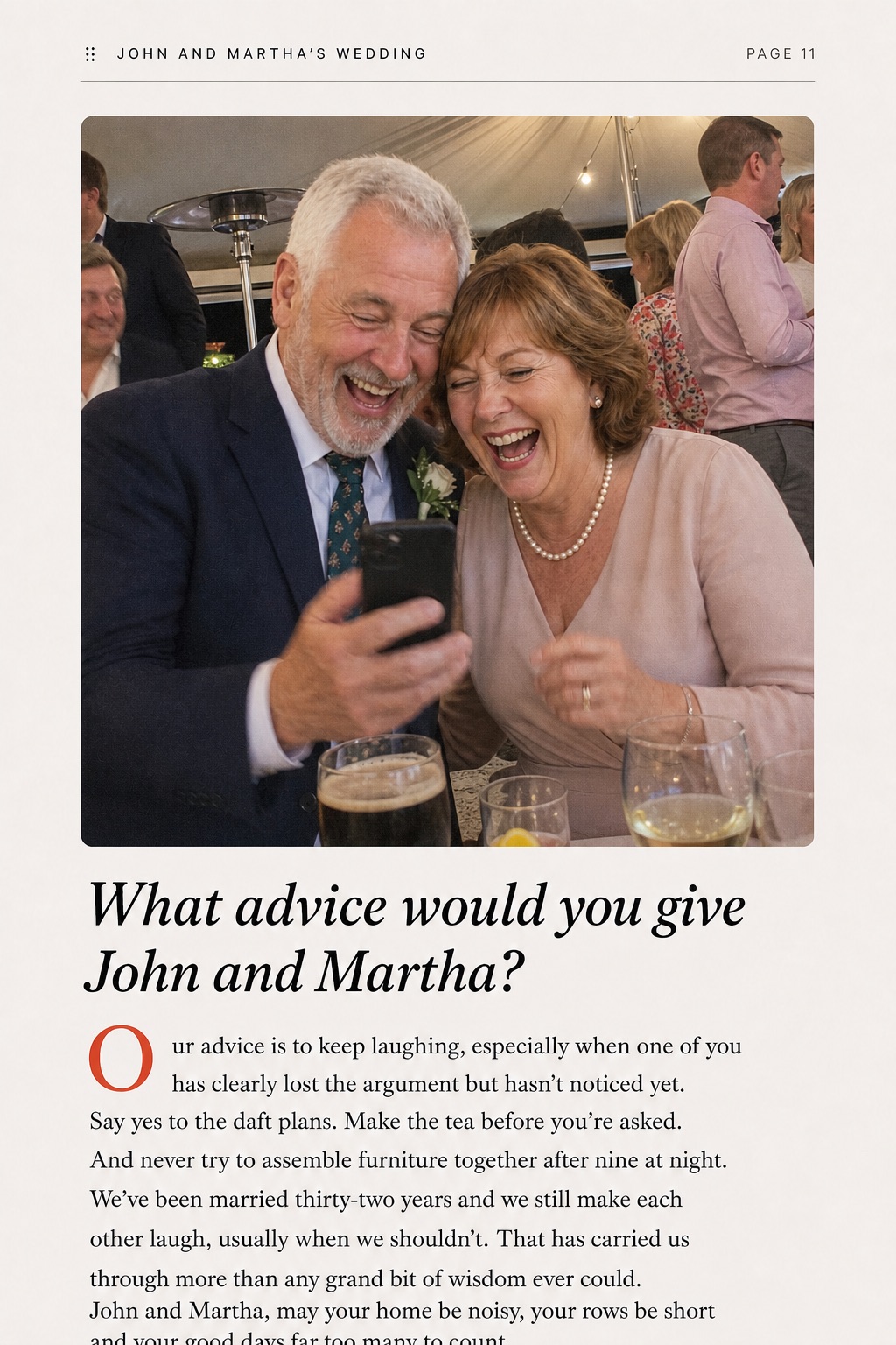 A page from a wedding audio guestbook: two guests laughing over a phone, above the question what advice would you give John and Martha, and their recorded answer written out