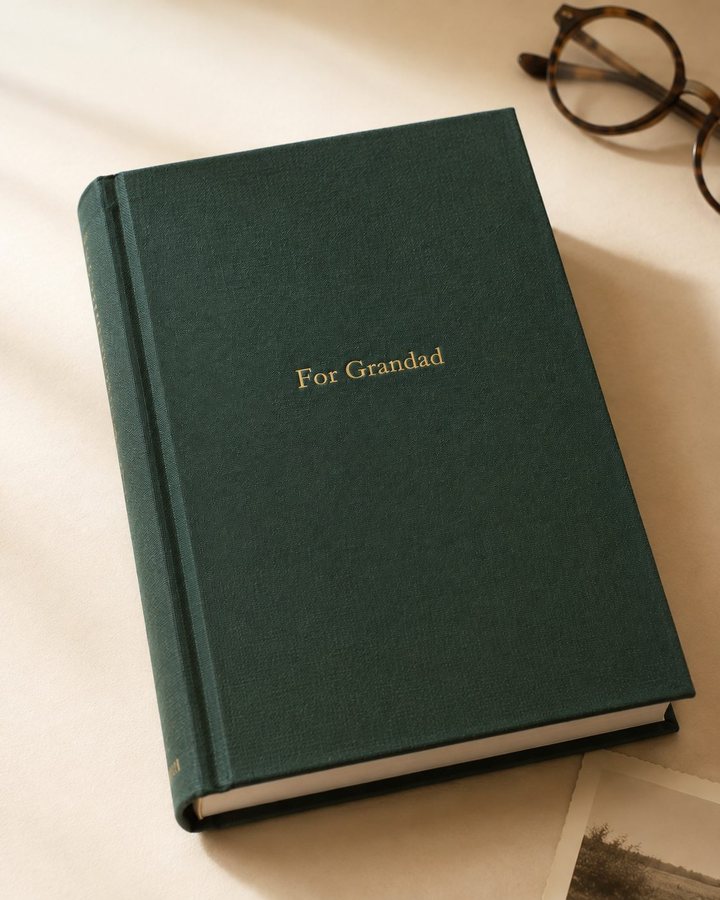 A green linen Chorus book with For Grandad on the cover, beside a pair of glasses